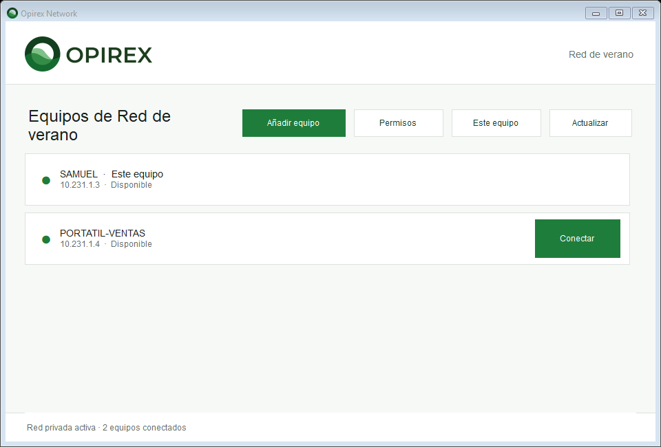 Aplicación Opirex Network mostrando dos equipos disponibles