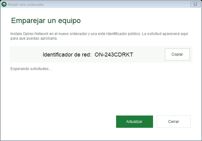 Panel para copiar el identificador de red y aprobar equipos