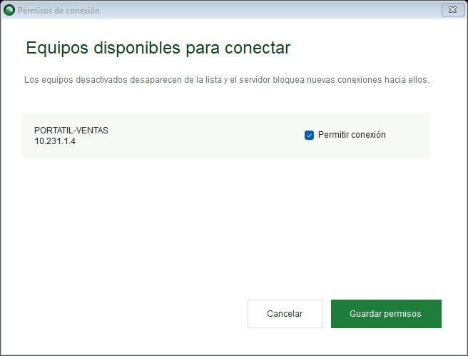 Panel para permitir o impedir conexiones hacia cada equipo